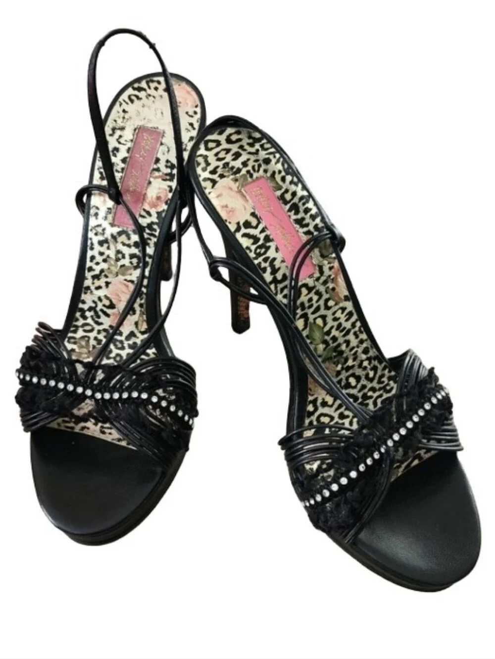 Betsey Johnson Black Rhinestone Lace Slingback Heels Size 8M Y2K Glam Party Shoe